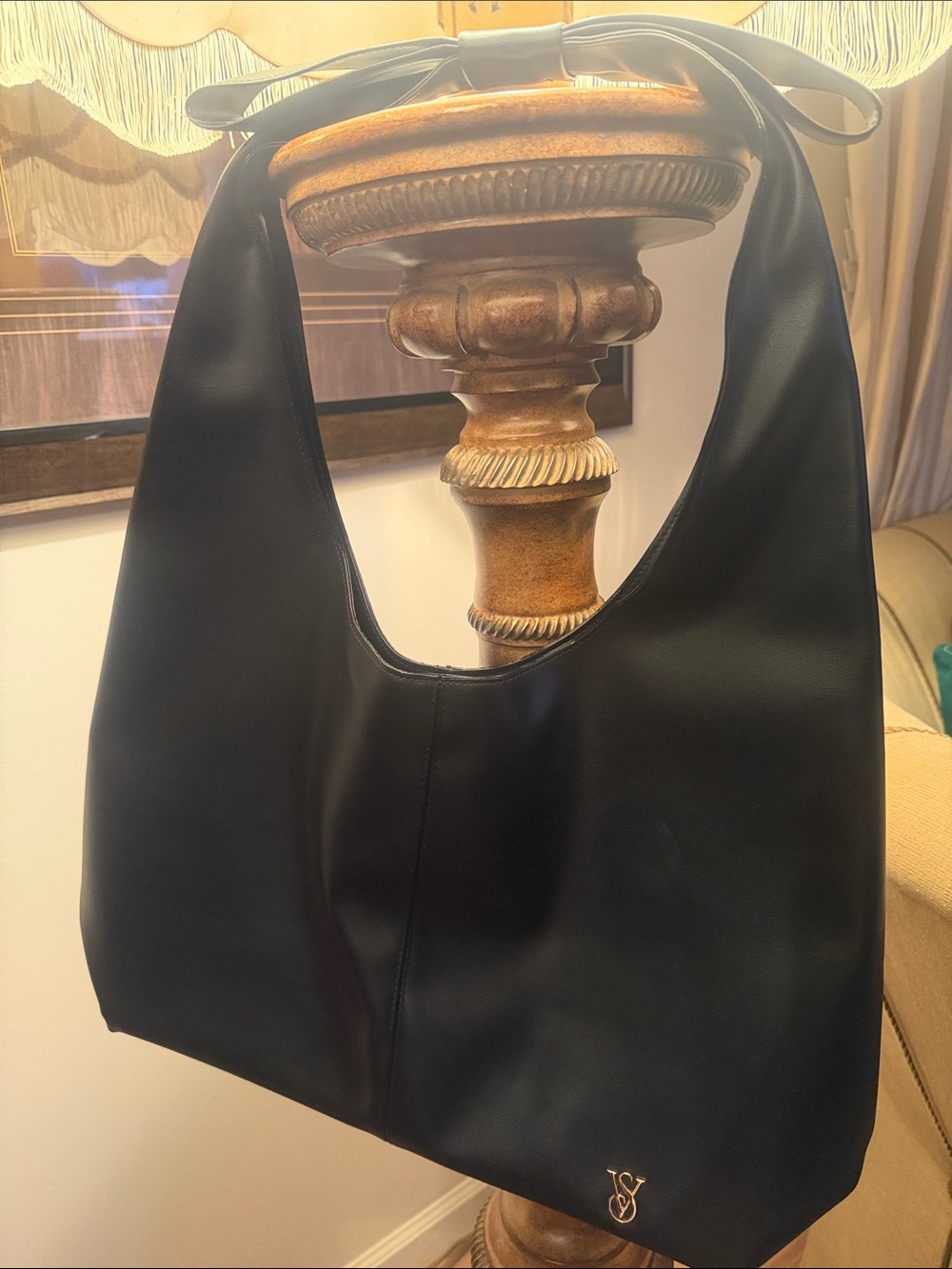 Victoria Secret Black Leather Shoulder Hobo with VS Monogram & Bow on  Shoulder